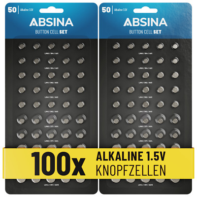 ABSINA 100er Pack Alkaline Knopfzellen Batterien - AG1 / AG3 / AG4 / AG10 / AG13