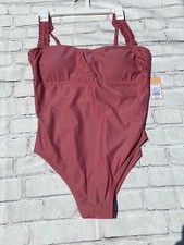 One Piece Swimsuit Kona Sol Mauve XL XLarge Square Neck Ruffle Shoulder