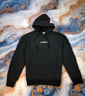 Size S - Vetements Unisex Black Hoodie Patch Logo Sweatshirt Size S - Vetements Unisex Black Hoodie Patch Logo Sweatshirt