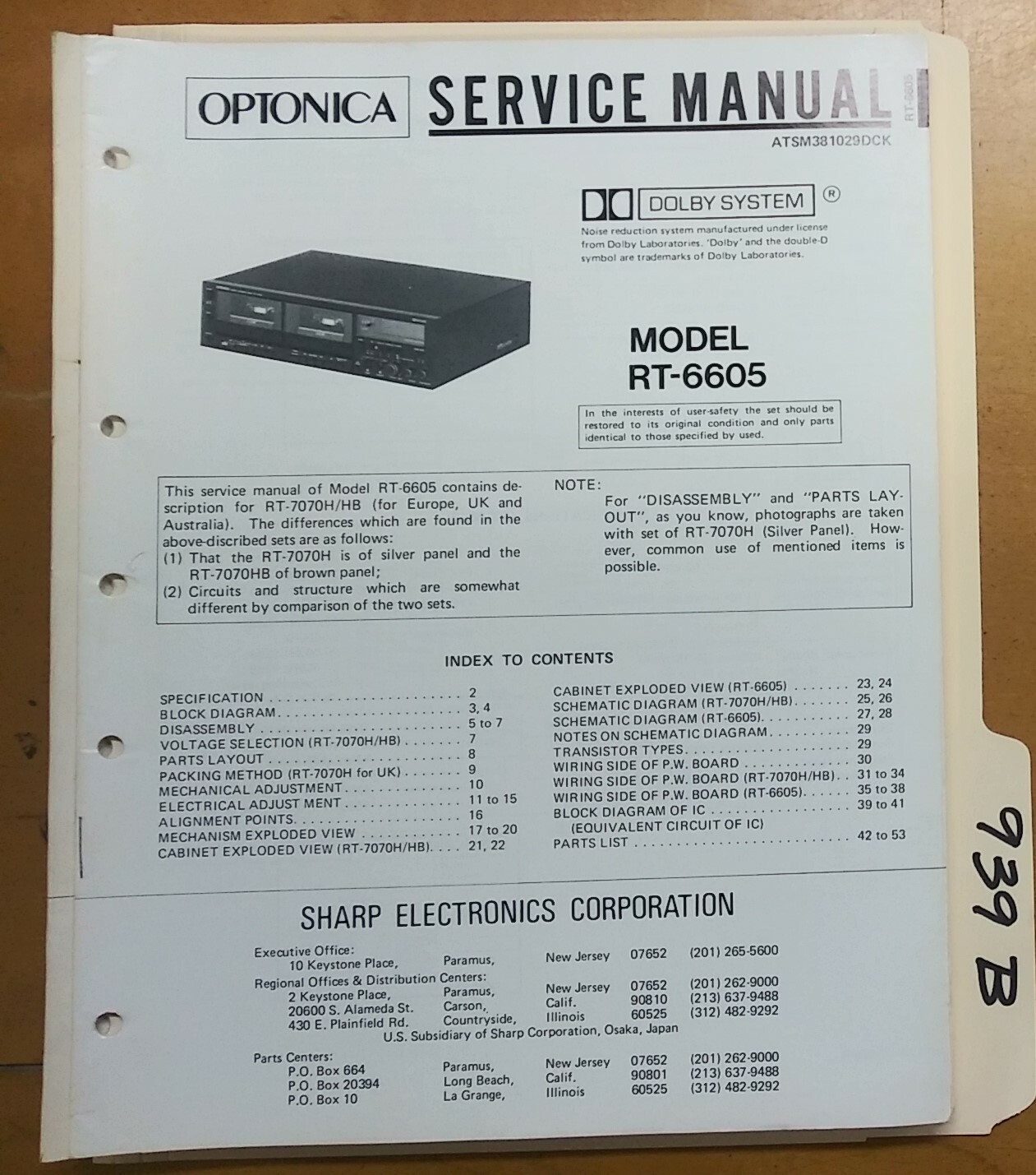 Optonica RT 6605 Service Manual Original Repair Book Stereo Tape Recorder Player