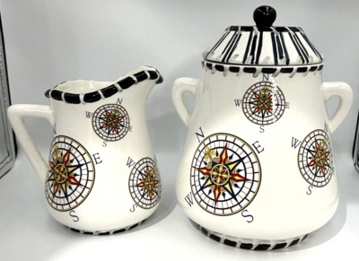 3pc Set Nautical Compass Ceramic Pitcher & Canister Heartfelt Kitchen Creations