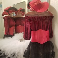 Red Pirate Costume, Black Red Striped Top,Lace Hat,Red Corset Belt,Skirt SZ S
