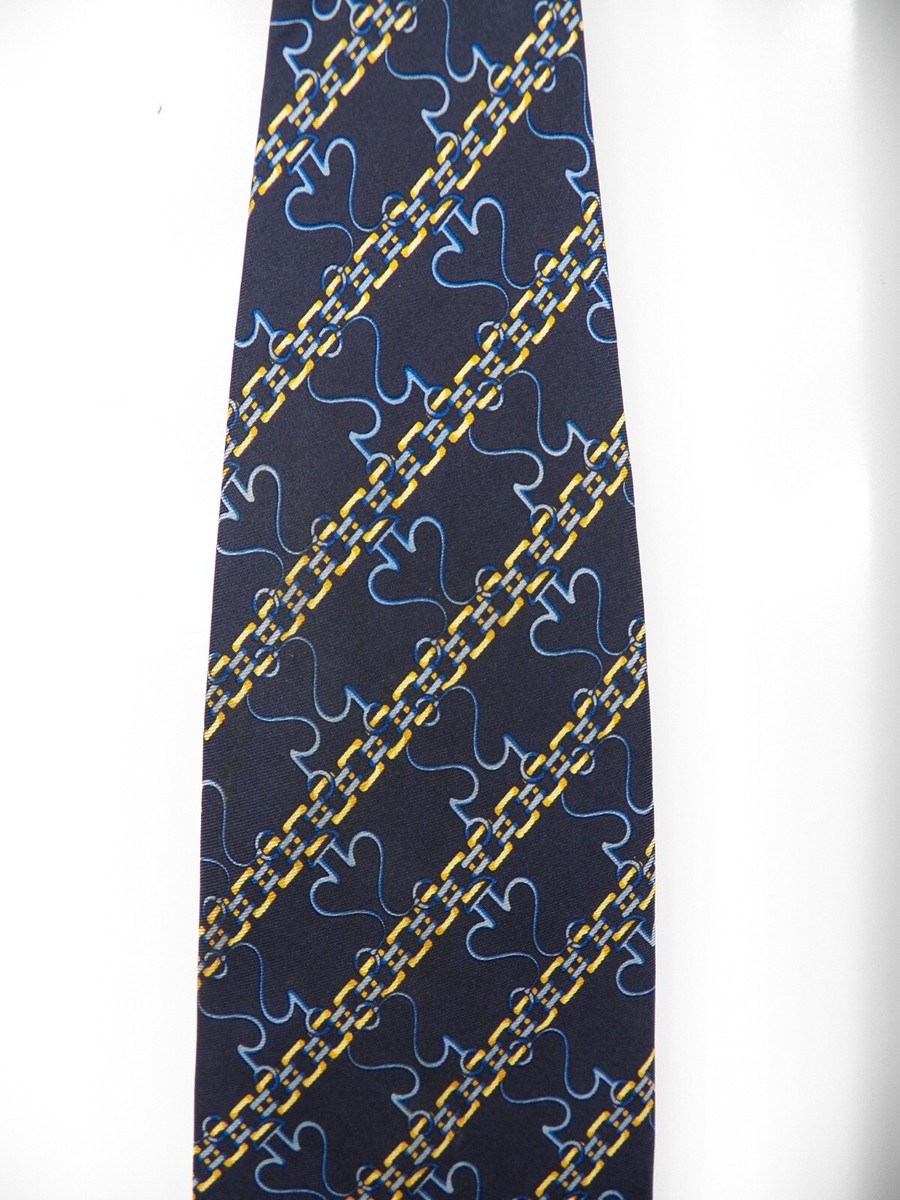 FENDI MENS 100% SILK NECK TIE BLUE GOLD CHAIN SPADES STRIPE LUXURY