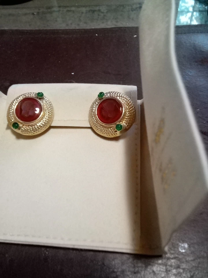 Pendientes Vintage Ross Simons Oro Amarillo 14k Cornalina Intaglio Ónix Verde Foto 2 de 4
