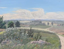 Landscape with mountain panorama, gouache painting by Rudolf KRAPF