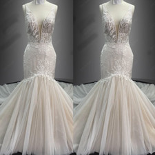 Champagne Mermaid Wedding Dresses V Neck Sweep Train Lace Applique Bridal Gowns