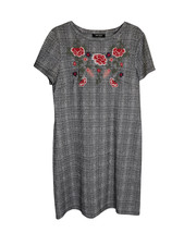 NINE WEST Women's Short Sleevehoundstooth Embroidered T-Shirt Dress Women's 14