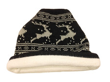 Vintage Made In USA 100% Pure Wool Dark Navy Blue Reindeer Christmas Ski Beanie