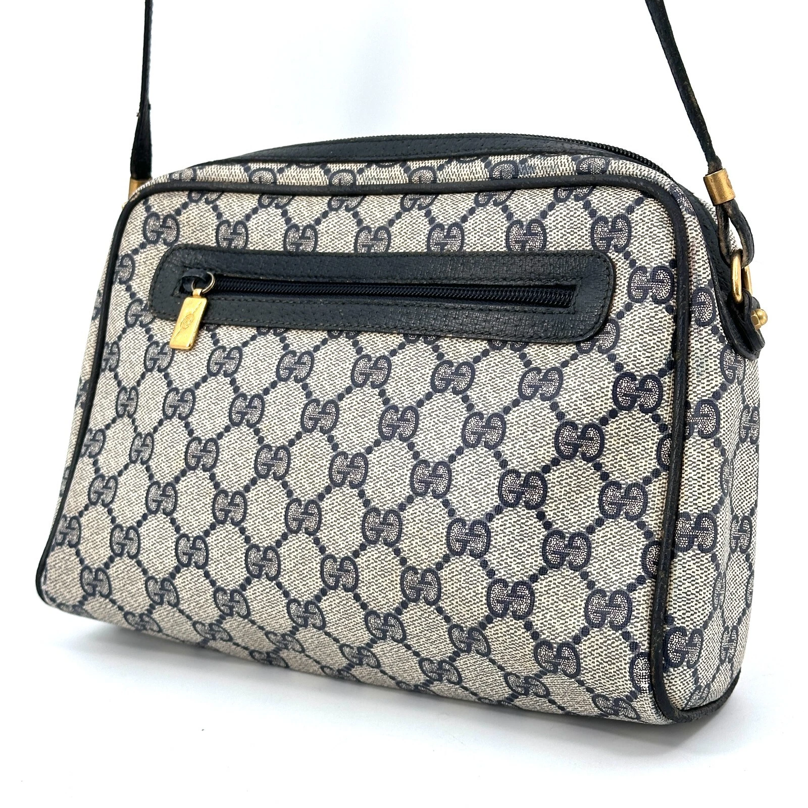Sac bandoulière vintage GUCCI GG Supreme PVC cuir marine authentique