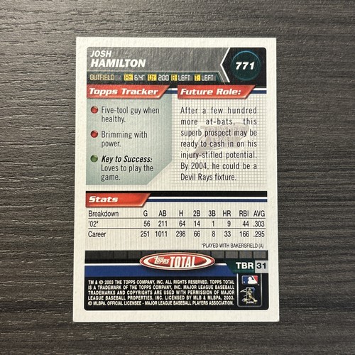 2003 Topps Total #771 Josh Hamilton AUTO Tampa Bay Devil Rays AUTOGRAPH Signed - Picture 2 of 2