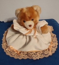 Cute Vintage Eden Brown Sitting Bear Plush Ivory Peach Lace Dress 7"