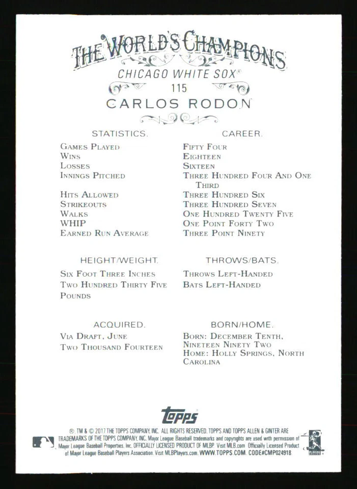 Carlos Rodon 2017 Topps Allen & Ginter X #115 BASEBALL Card - Image 2 of 2