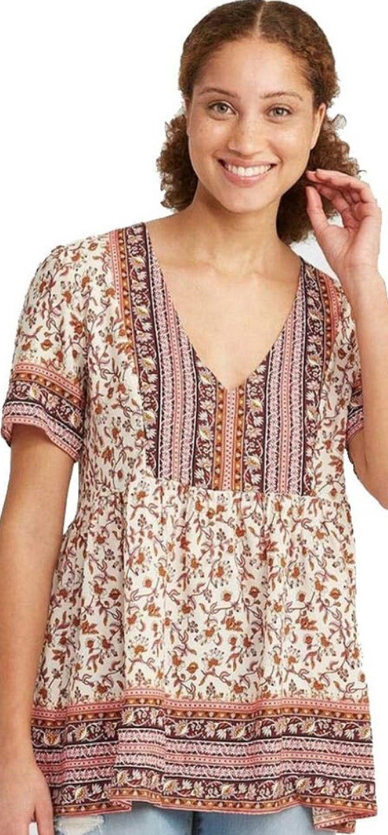 Knox Rose Floral Bohemian V-Neck Button Short Sleeve Tunic Blouse Rayon L