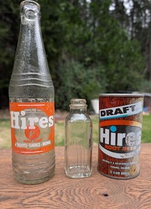 Hires Root Beer 1968 Can, 1958 12 Oz Bottle And Hires Extract 4 1/2 Inches Tall.