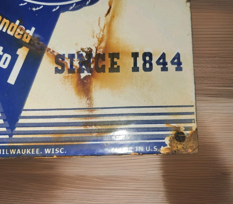 Letrero de cerveza vintage Pabst cinta azul porcelana iroquesa Schlitz Redtop Jax Piel's Foto 3 de 4