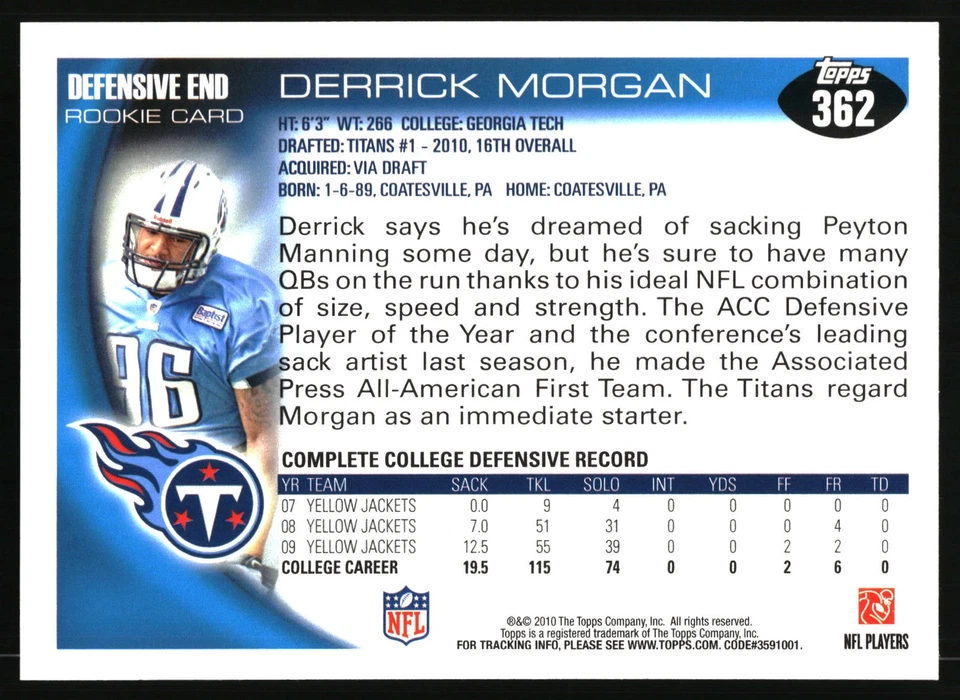 2010 Topps #362 Derrick Morgan RC Tennessee Titans - Image 2 of 2
