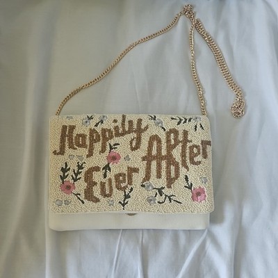 francesca's Ivory Beaded and Embroidered Floral Clutch w/ Gold Chain Strap