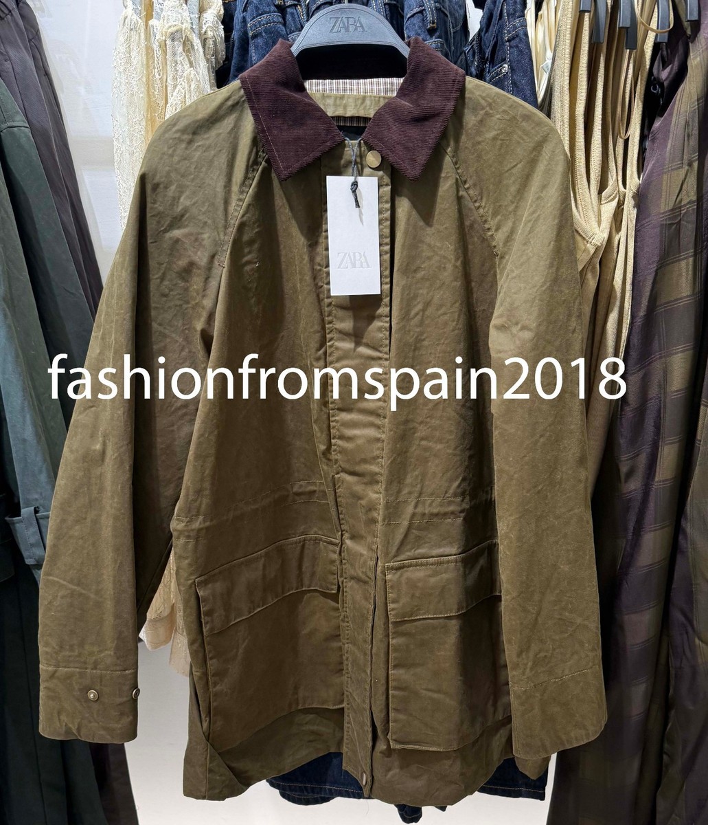 ZARA NEW WOMAN WAXED JACKET CORDUROY COLLAR ZW OLIVE GREEN S,M,L