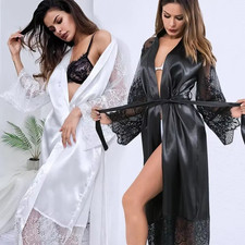 Women's Silk Robes Lace-Trim Bridesmaid Kimono Satin Bathrobe V Neck Sleepwear