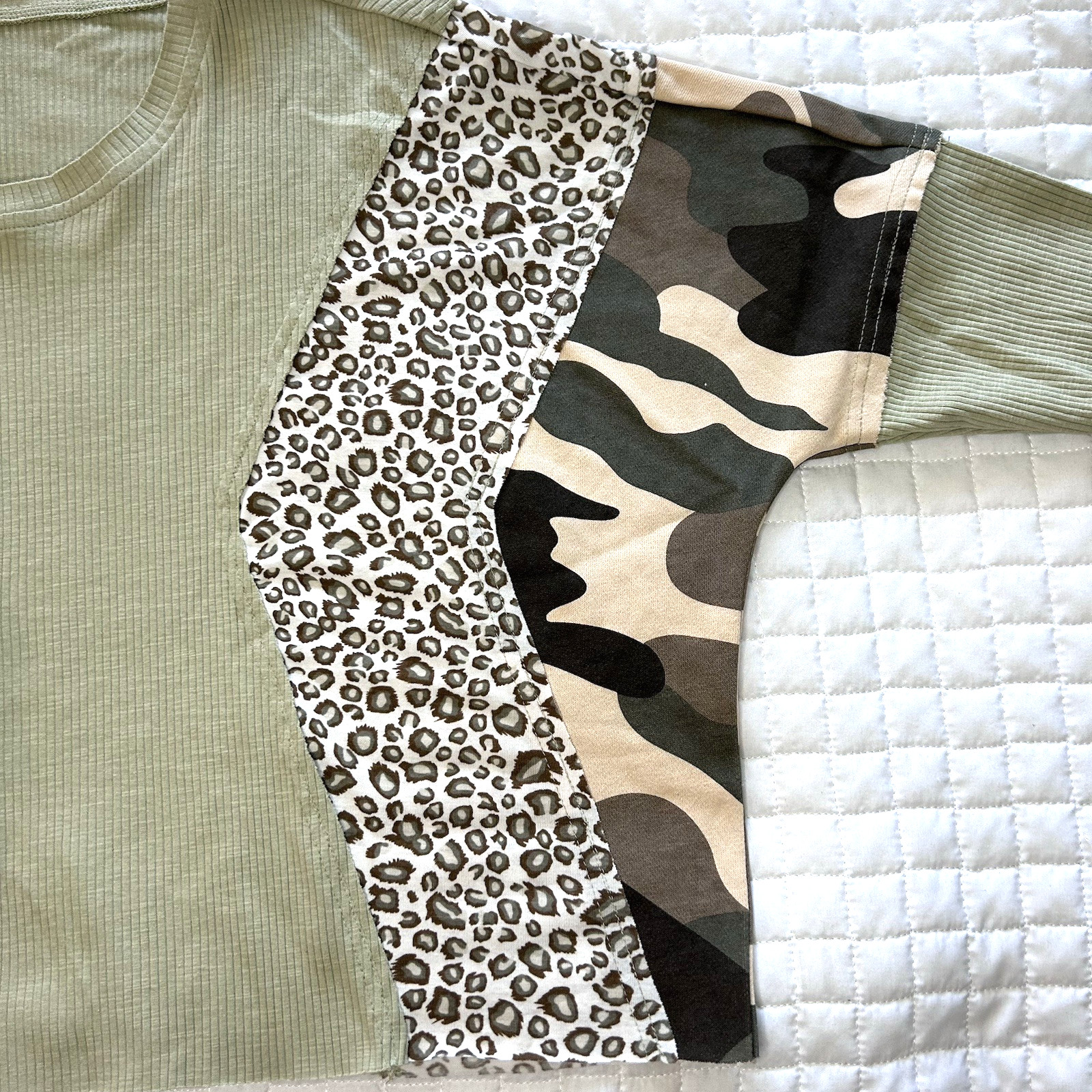 Patchwork Cropped Pullover Relaxed Olive Green Le… - image 4