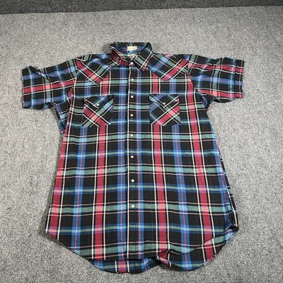vintage ely cattleman pearl snap shirt Large Short Sleeve Plaid Cowboy Rodeo 