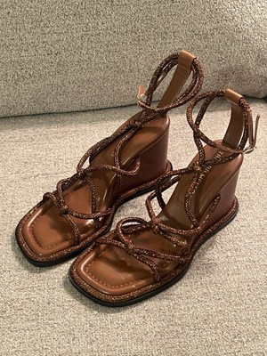 Tamara Mellon Brown Leather Wedge Sandals Italy