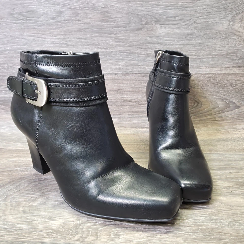 Franco Sarto Botines Mujer 7 M Negro Puntera Cuadrada Hebilla Tacón Tobillo Moto Motociclista Foto 3 de 4