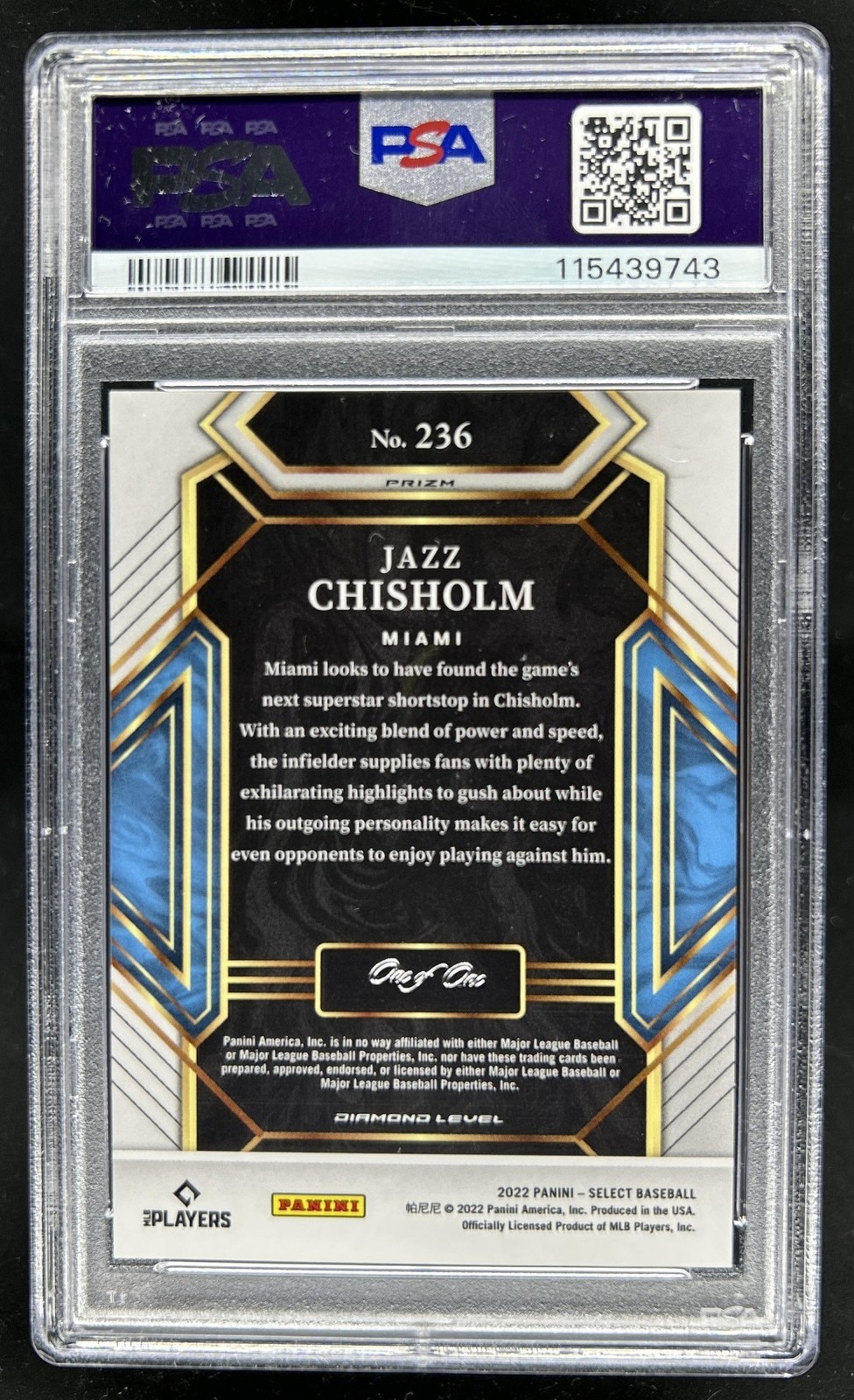 2022 Panini Select Jazz Chisholm Black Finite Diamond #1/1 Marlins PSA 9 view 2