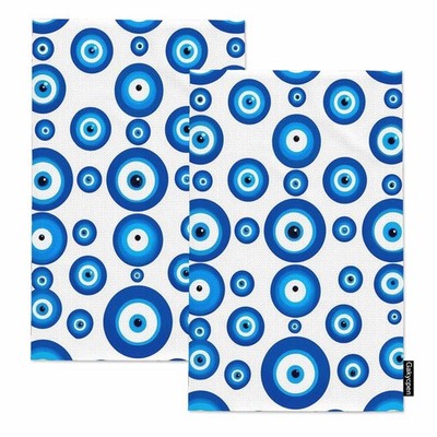 Evil Eye Blue Kitchen Dish Towels Turkish Bead Super Absorbent 2 Pack 16x24