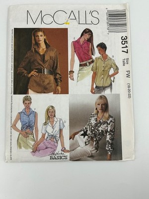 McCall's 3517 Shirt Blouse Tunic Top Pattern 18-20-22 Womens 90s Basics Uncut