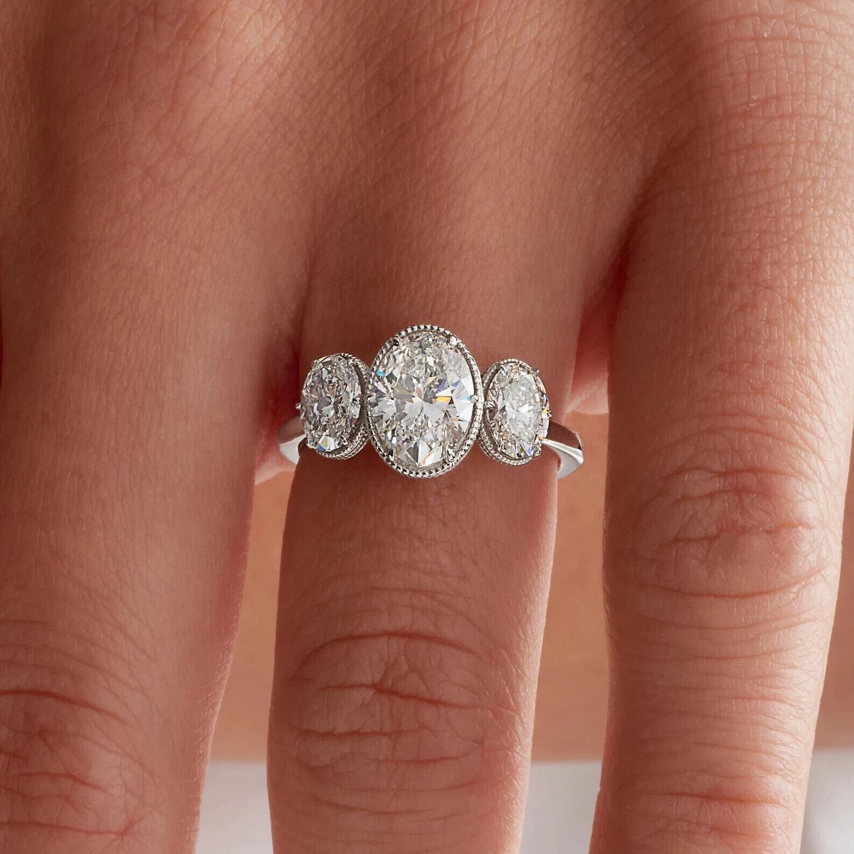 3 Stone Oval Cut Lab Created Diamond Engagement Ring 14K White Gold Plated