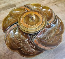California USA Pottery Chip And Dip Set Leaf Swirl #528 W/ Lid Vintage