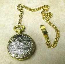 ORNATE QUARTZ POCKET WATCH MEN WOMEN LOCOMOTIVE STEAM TRAIN HOOK CHAIN TWO TONE