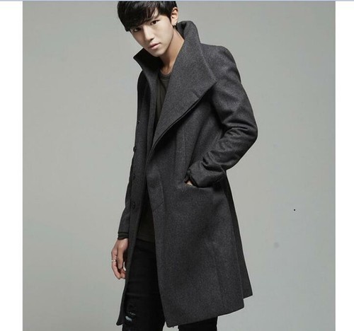 Men's Fashion Woolen Jacket Trench Coat Cloak Outwear Overcoat Slim Fit Korean - Picture 7 of 13