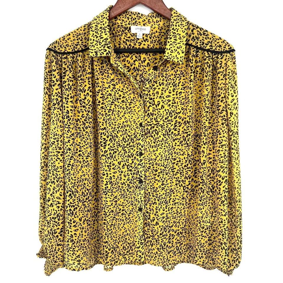 UMGEE Womens Size Medium Yellow Animal Print Leopard Blouse Shirt Top Cheetah