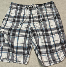 O Neill Board Shorts Men 34/11 White Multi-Color Plaid Drawstrings Pockets Ocean