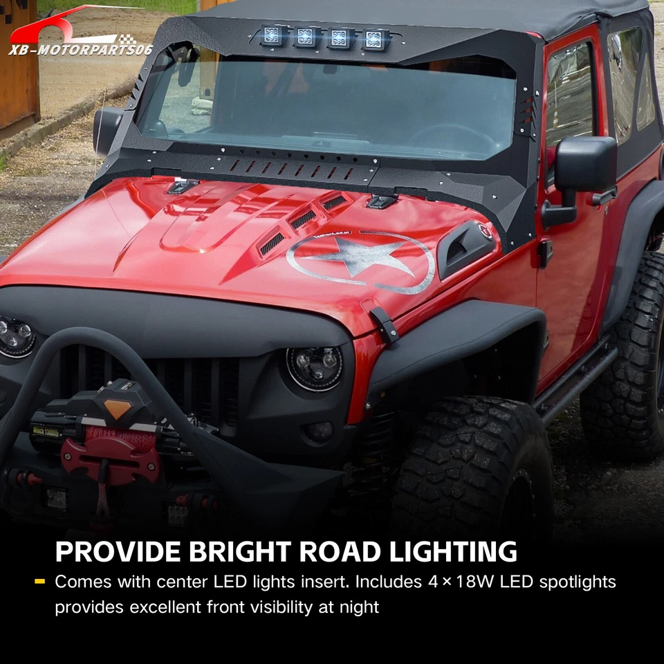 Windshield Frame Cover Mad Max Roof W/ LED Lights For 2007-2018 Jeep Wrangler JK Foto 4 de 4
