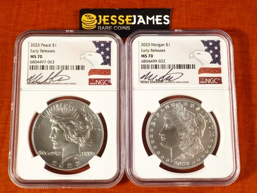 2023 SILVER PEACE & MORGAN DOLLAR NGC MS70 EARLY RELEASES MILES STANDISH SIGNED