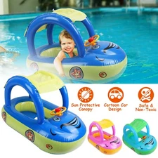 Baby Pool Float with UPF 50+ Canopy Car Shaped Inflatable Infant Swim Float Boat