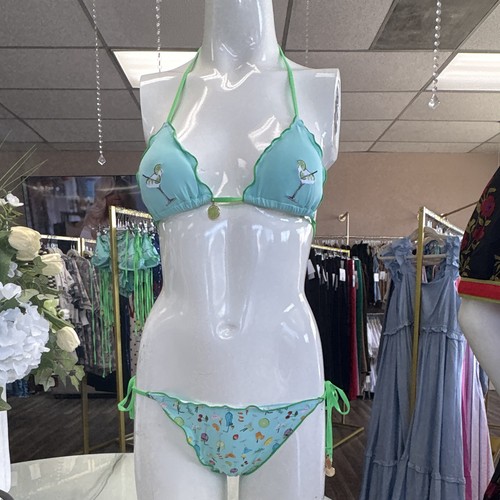 Women’s Blue/Green Floral 2-Piece Triangle Halter Bikini Tie-Side Bottoms M
