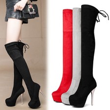 Womens Round Toe Suede Stiletto Stretchy Thigh High Boots Lace Up Platform Boots