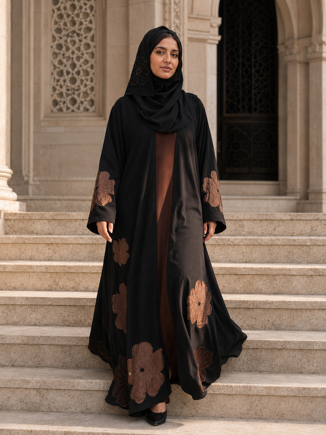 Abaya frontal abierto negra con detalles de flores en relieve y oversize