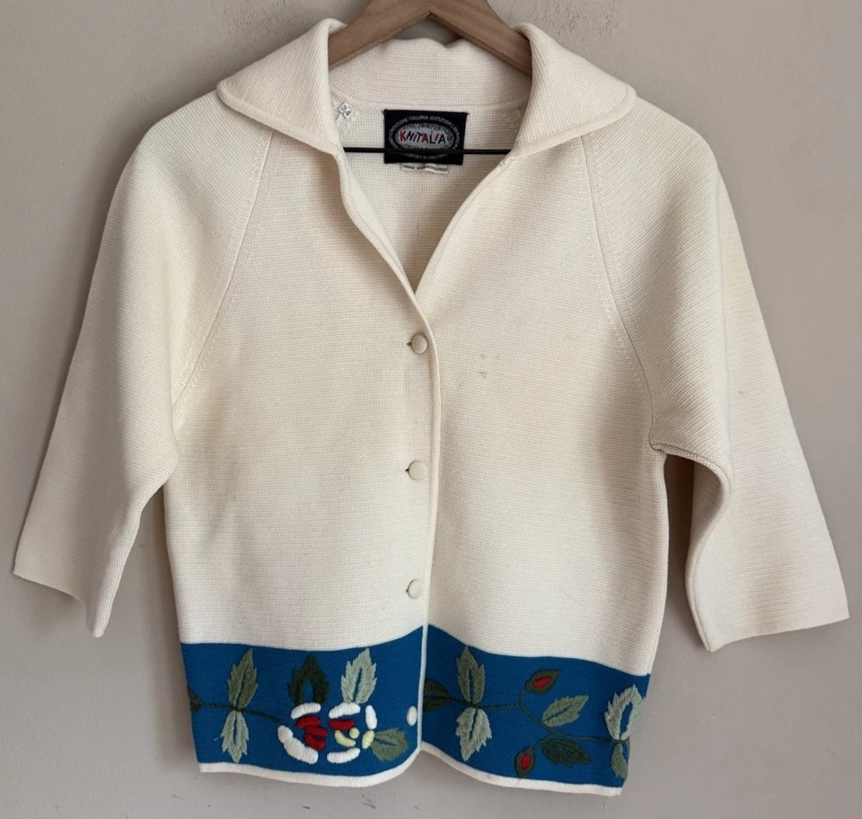 Cárdigan de Lana Vintage Suéter Tejido Bordado Años 50 60 Mujer Talla Pequeña 34 Foto 2 de 4