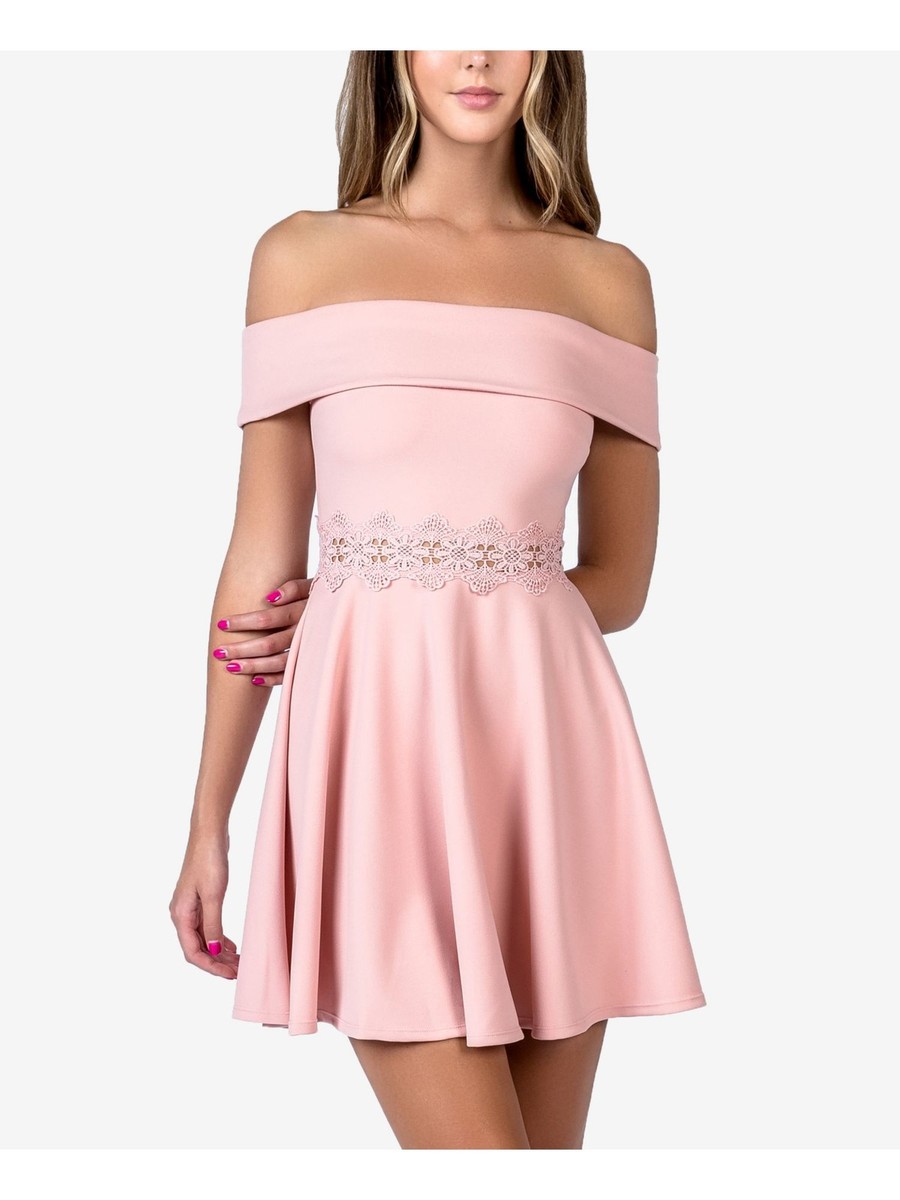 B DARLIN Womens Fit + Flare Short Dress Embroidered Off Shoulder Formal