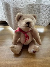 Beige Teddy Bear with Red Ribbon, 16cm Tall