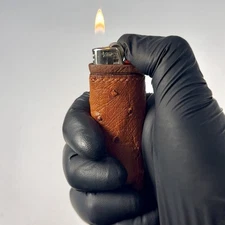 Dark cognac ostrich leather lighter sleeve,  Handmade luxury exotic lighter case