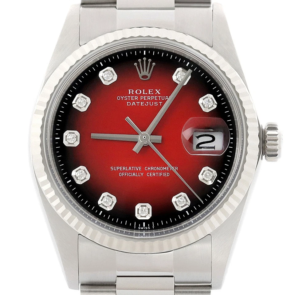 Reloj Rolex para hombre Datejust viñeta roja esfera de diamante oro blanco de 18 quilates acero