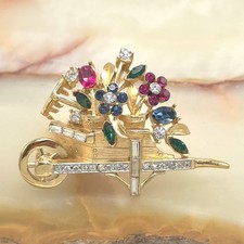 Crown Trifari Alfred Philippe Wheelbarrow of Flowers Rhinestone Brooch Pin 1950s