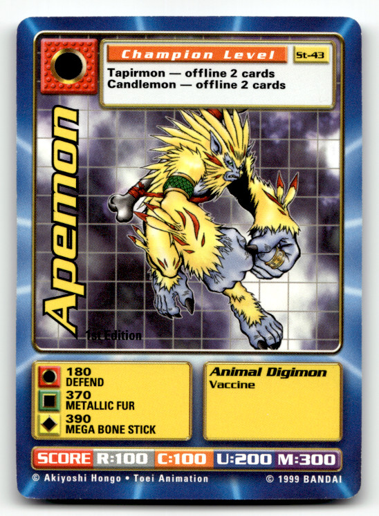 Apemon #ST-43 Digimon Series 1 Starter trading card — raw and PSA graded price guide