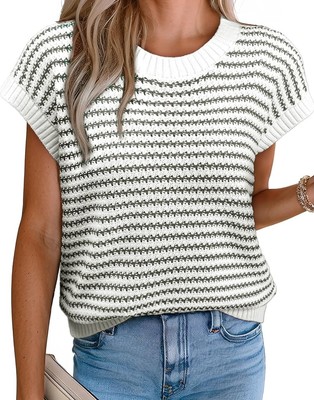 EVALESS Women's Sweater Vest Striped Pullover Tank Top Round Neck Cap Sleeve Lig